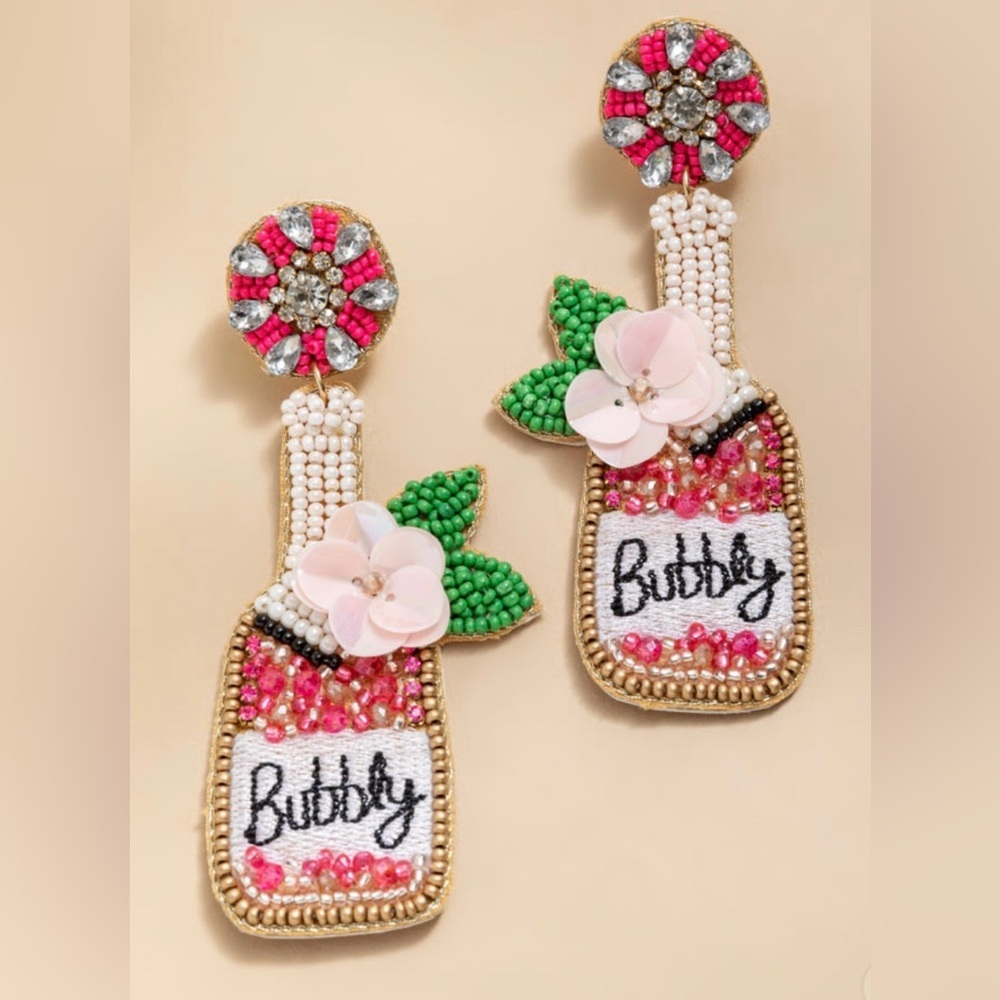 Beaded 'Bubbly' Champagne Bottle Statement Earrings - Pink & Green